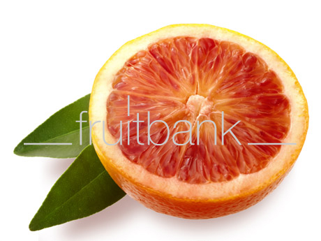 Fruitbank Foto: Blutorangenhälfte mit Blättern UK052006